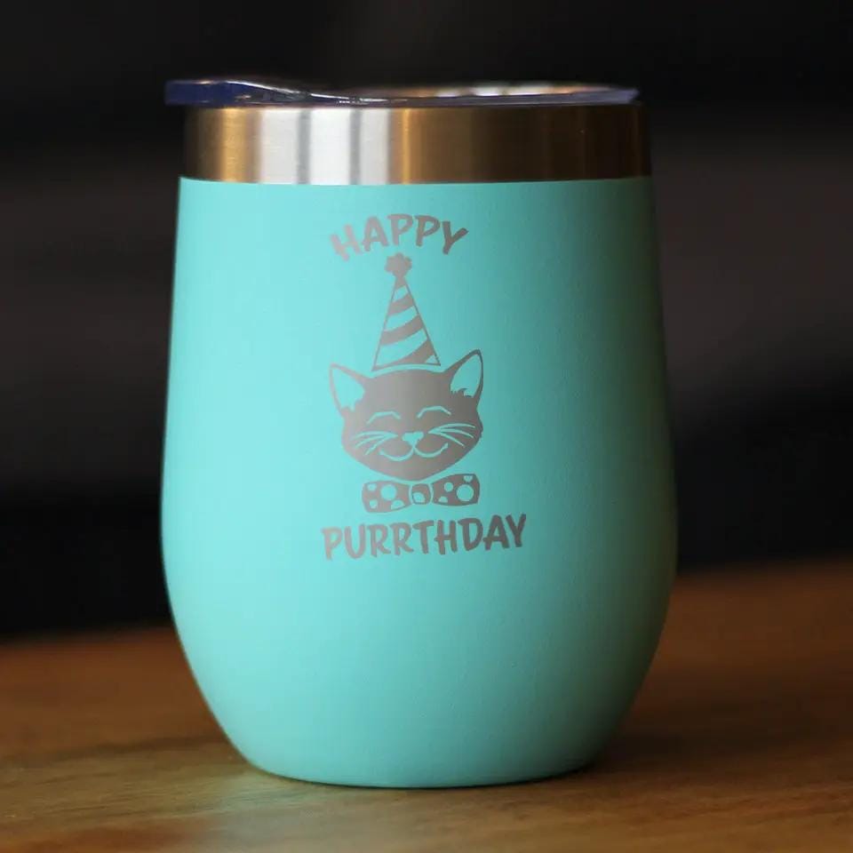 Insulated Stemless Wine Tumbler | 12 oz Stainless Steel | Sliding Lid | Happy Purrthday
