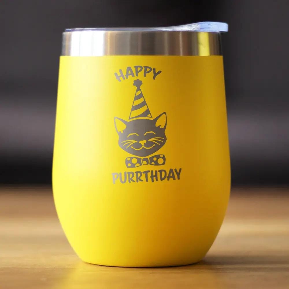 Insulated Stemless Wine Tumbler | 12 oz Stainless Steel | Sliding Lid | Happy Purrthday