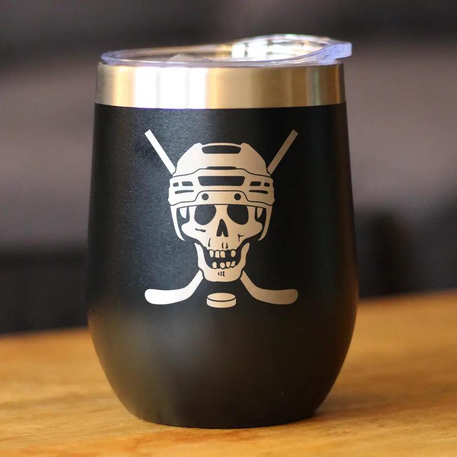 Hockey Skull Wine Tumbler | 12 Oz Double Wall Stainless Steel | Sliding Lid | Hockey Gifts For Coach or Players