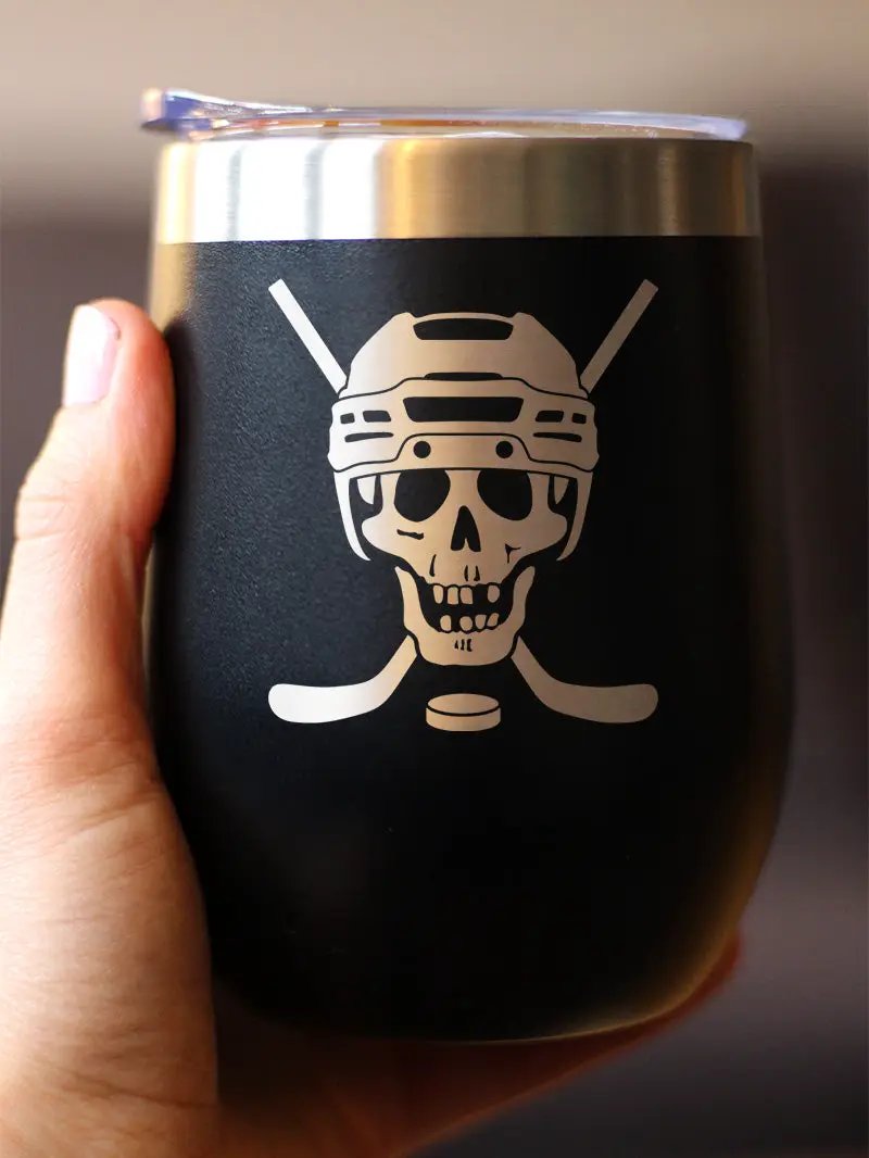 Hockey Skull Wine Tumbler | 12 Oz Double Wall Stainless Steel | Sliding Lid | Hockey Gifts For Coach or Players
