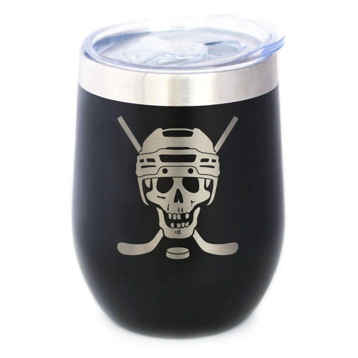 Hockey Skull Wine Tumbler | 12 Oz Double Wall Stainless Steel | Sliding Lid | Hockey Gifts For Coach or Players