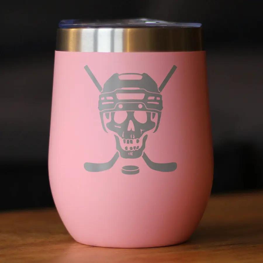 Hockey Skull Wine Tumbler | 12 Oz Double Wall Stainless Steel | Sliding Lid | Hockey Gifts For Coach or Players