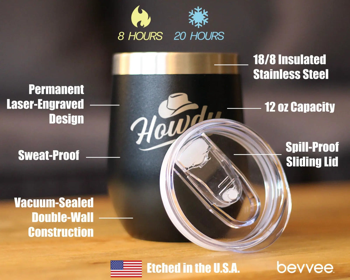 Howdy Wine Tumbler | 12 Oz Double Wall Stainless Steel | Sliding Lid | Country Western Decor