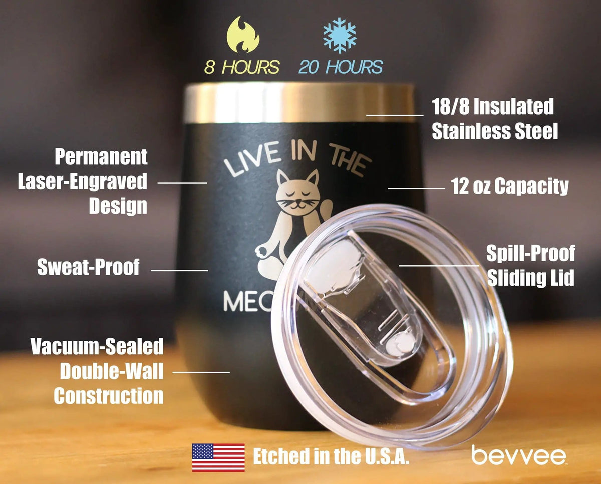 Insulated Stemless Wine Tumbler | 12 oz Stainless Steel | Sliding Lid | Live in the Meowment - Funny Cat
