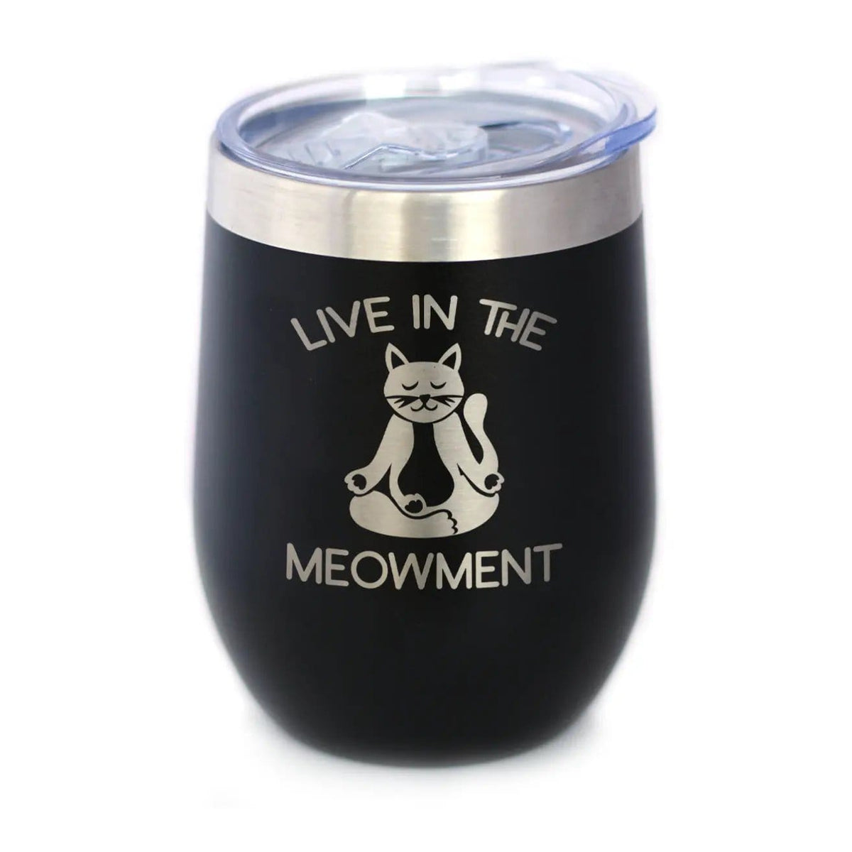 Insulated Stemless Wine Tumbler | 12 oz Stainless Steel | Sliding Lid | Live in the Meowment - Funny Cat