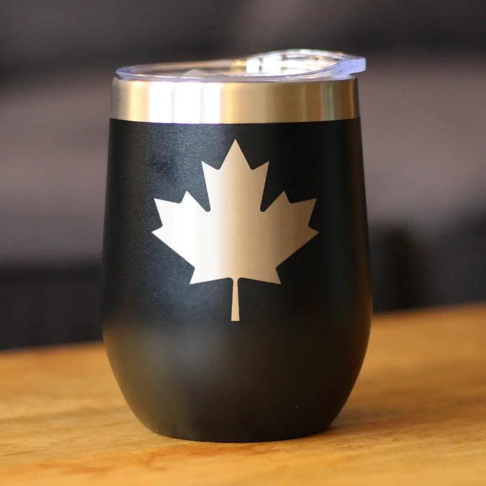 Insulated Stemless Wine Tumbler | 12 oz Stainless Steel | Sliding Lid | Canada Maple Leaf