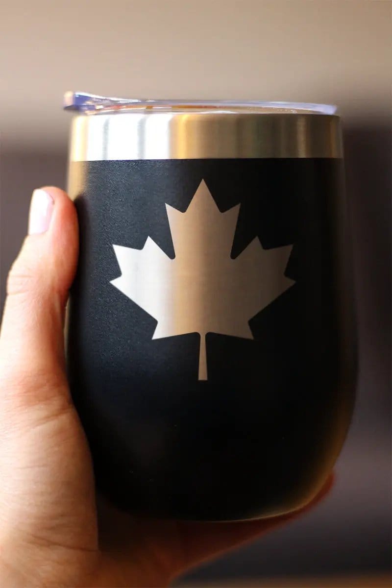 Insulated Stemless Wine Tumbler | 12 oz Stainless Steel | Sliding Lid | Canada Maple Leaf