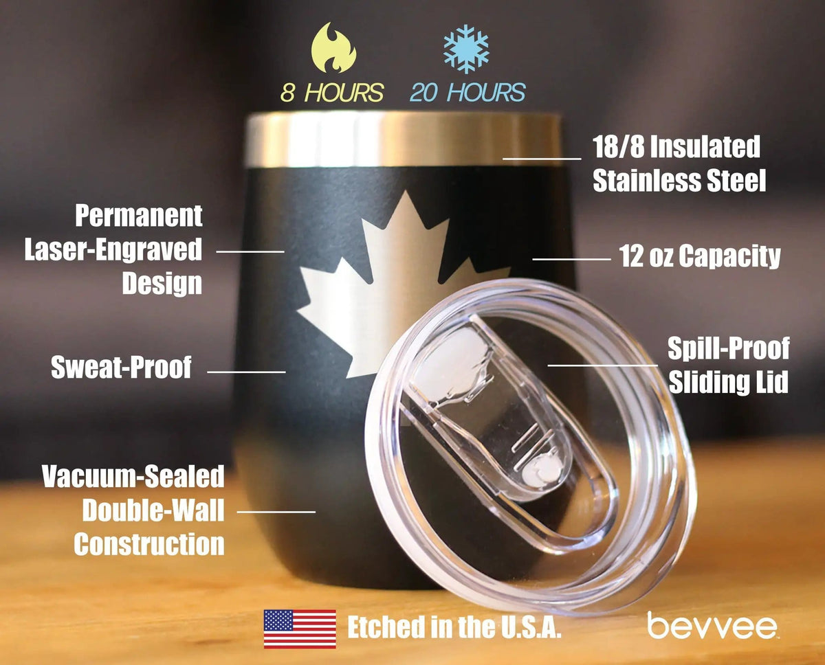 Insulated Stemless Wine Tumbler | 12 oz Stainless Steel | Sliding Lid | Canada Maple Leaf