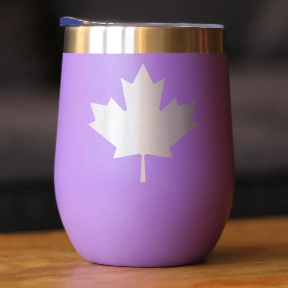 Insulated Stemless Wine Tumbler | 12 oz Stainless Steel | Sliding Lid | Canada Maple Leaf