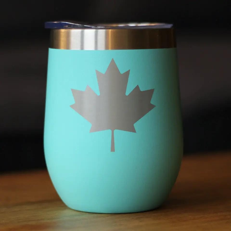 Insulated Stemless Wine Tumbler | 12 oz Stainless Steel | Sliding Lid | Canada Maple Leaf