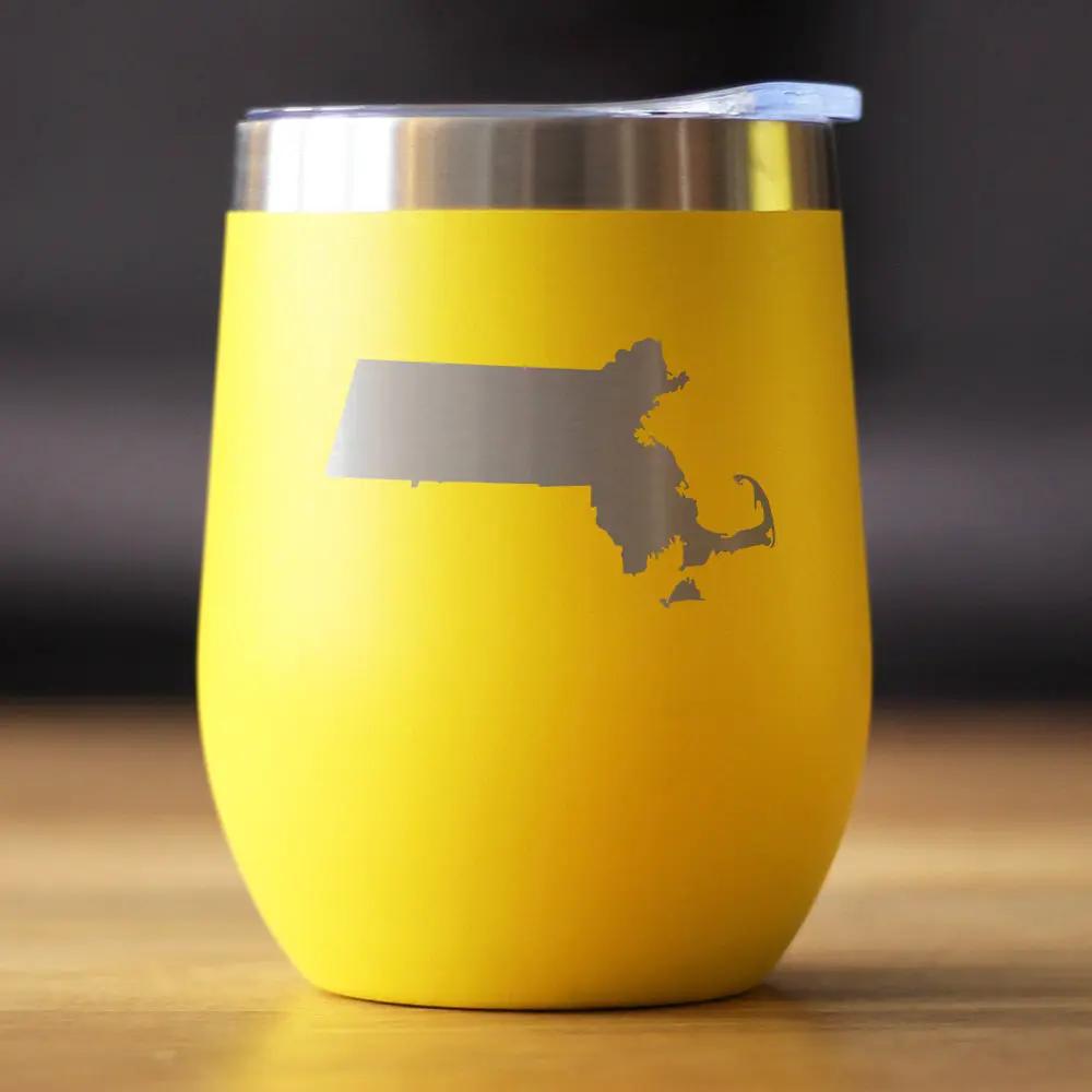 Massachusetts State Outline Wine Tumbler | 12 Oz | Double Wall Stainless Steel | Sliding Lid