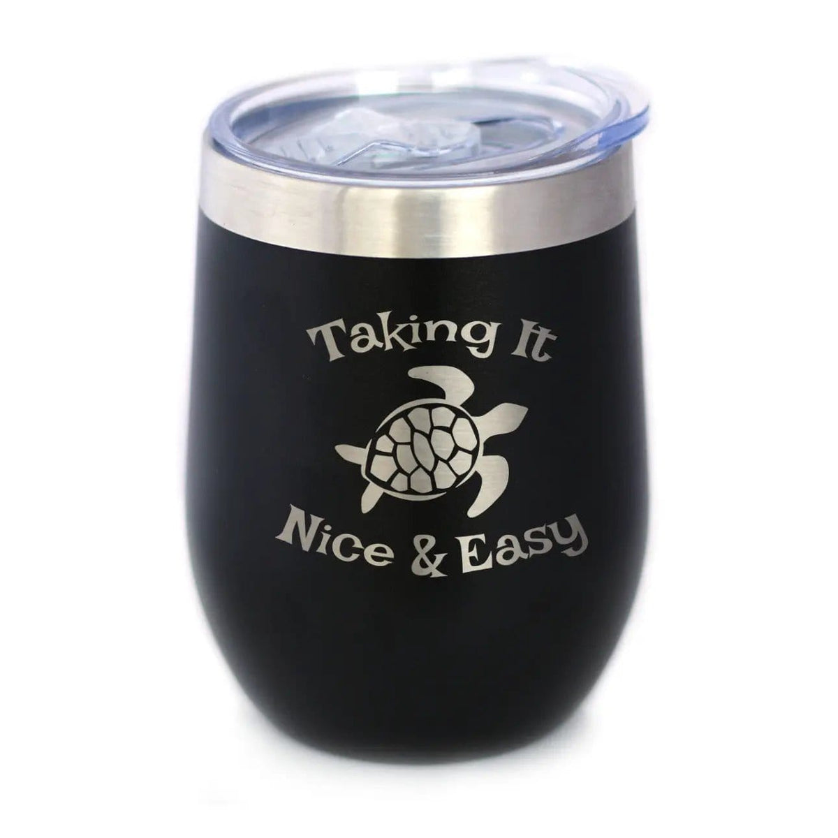 Insulated Stemless Wine Tumbler | 12 oz Stainless Steel | Sliding Lid | Taking It Nice & Easy