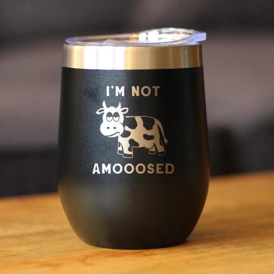 Insulated Stemless Wine Tumbler | 12 oz Stainless Steel | Sliding Lid | Not Amooosed