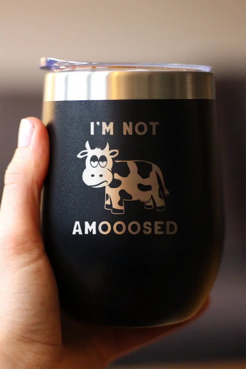 Insulated Stemless Wine Tumbler | 12 oz Stainless Steel | Sliding Lid | Not Amooosed