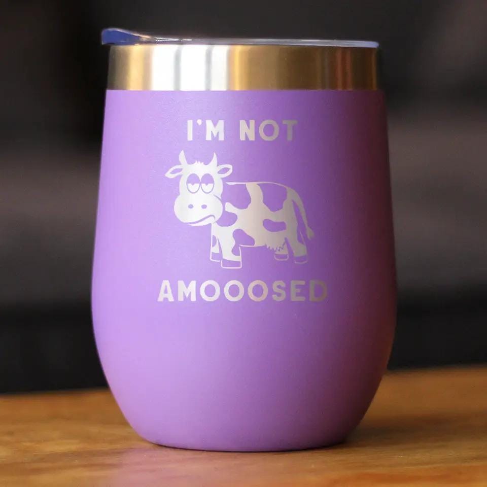 Insulated Stemless Wine Tumbler | 12 oz Stainless Steel | Sliding Lid | Not Amooosed