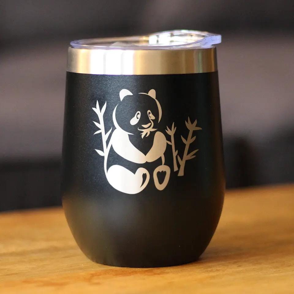 Insulated Stemless Wine Tumbler | 12 oz Stainless Steel | Sliding Lid | Panda