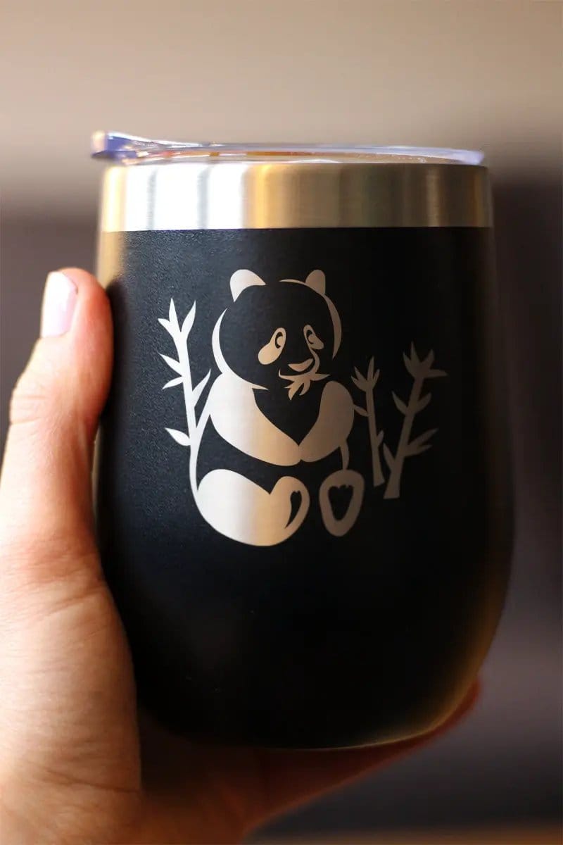 Insulated Stemless Wine Tumbler | 12 oz Stainless Steel | Sliding Lid | Panda