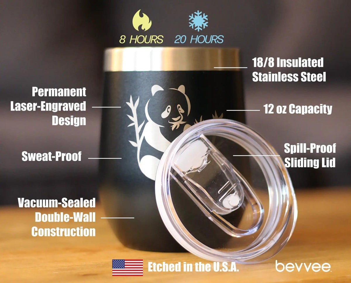Insulated Stemless Wine Tumbler | 12 oz Stainless Steel | Sliding Lid | Panda