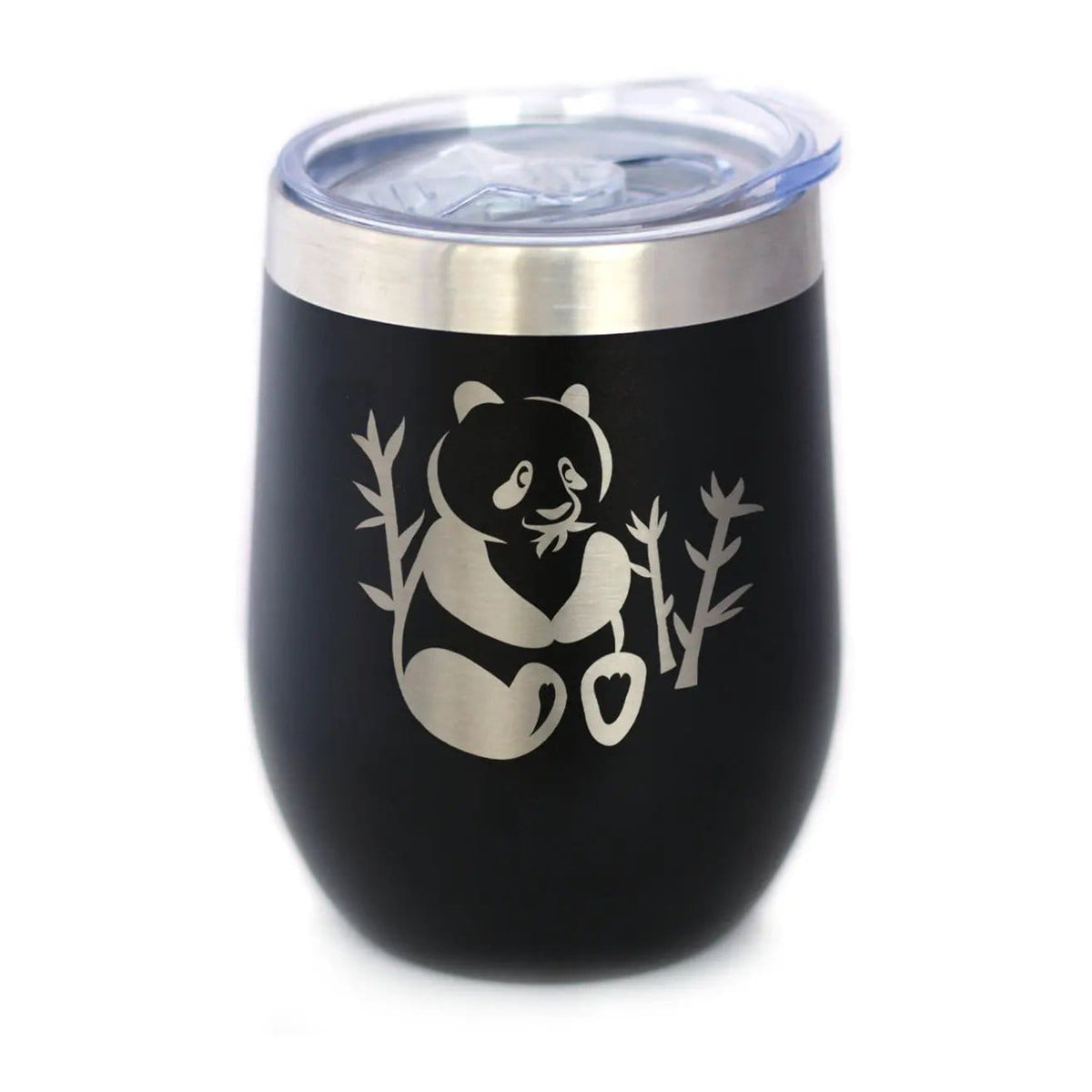Insulated Stemless Wine Tumbler | 12 oz Stainless Steel | Sliding Lid | Panda