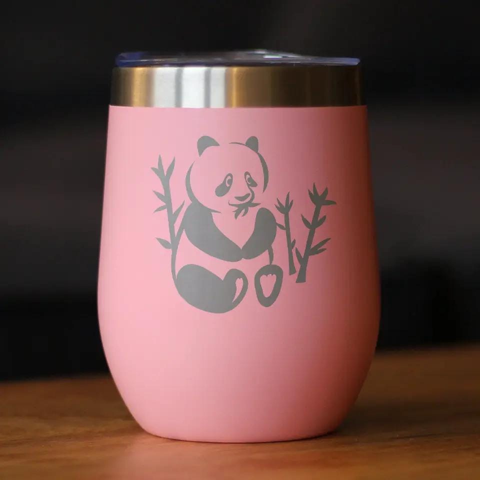 Insulated Stemless Wine Tumbler | 12 oz Stainless Steel | Sliding Lid | Panda