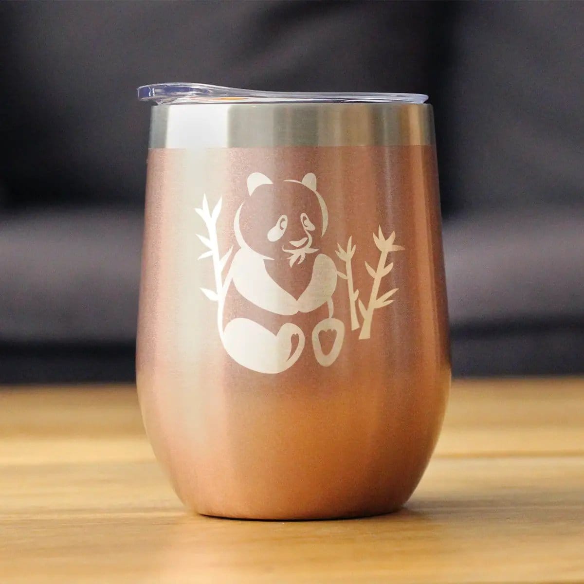 Insulated Stemless Wine Tumbler | 12 oz Stainless Steel | Sliding Lid | Panda