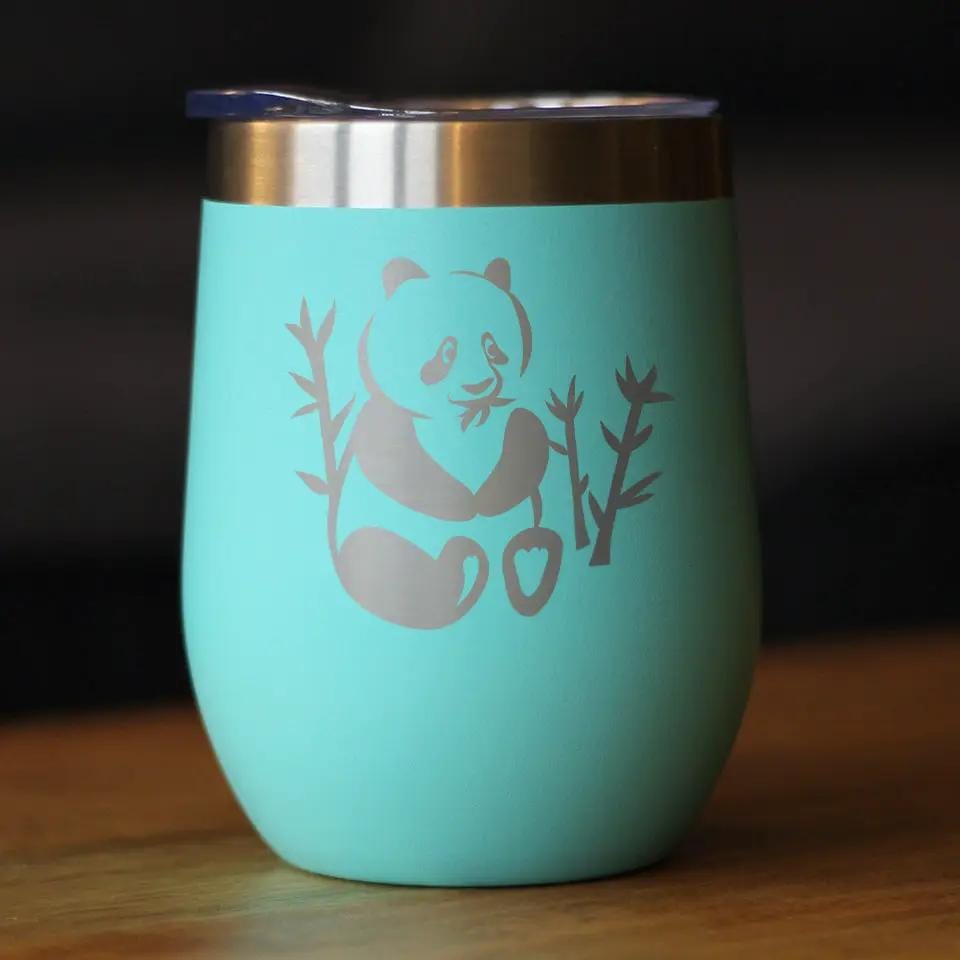 Insulated Stemless Wine Tumbler | 12 oz Stainless Steel | Sliding Lid | Panda