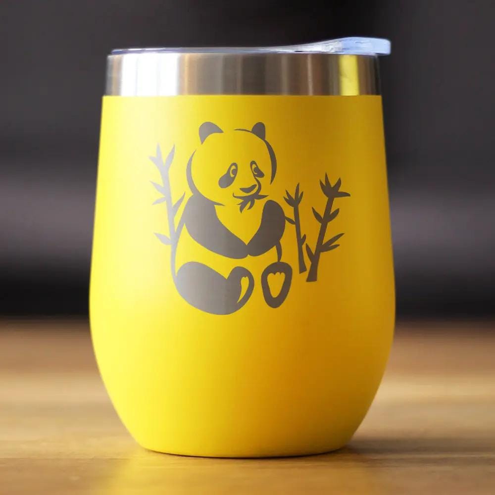 Insulated Stemless Wine Tumbler | 12 oz Stainless Steel | Sliding Lid | Panda