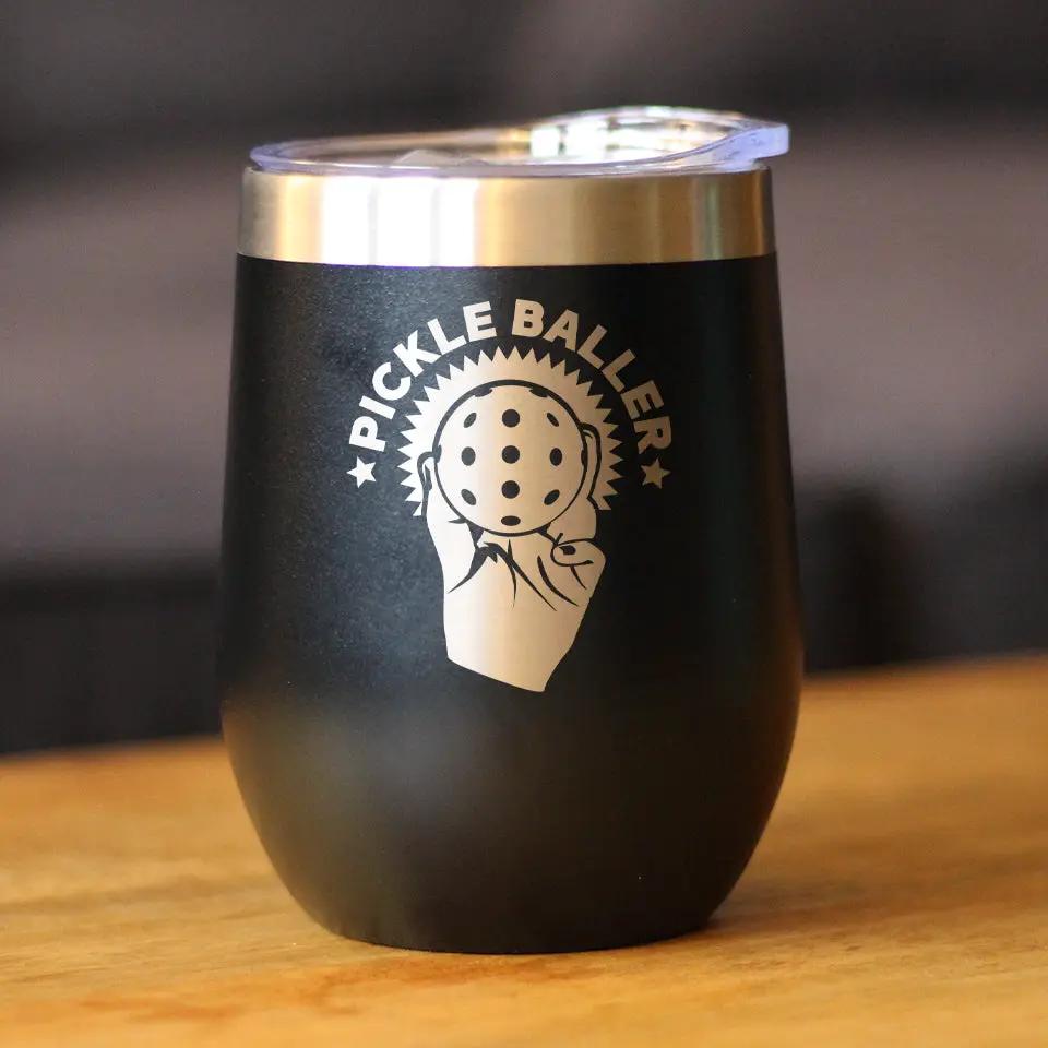 Pickleballer Wine Tumbler | 12 Oz Double Wall Stainless Steel | Sliding Lid | Fun Pickleball Gifts