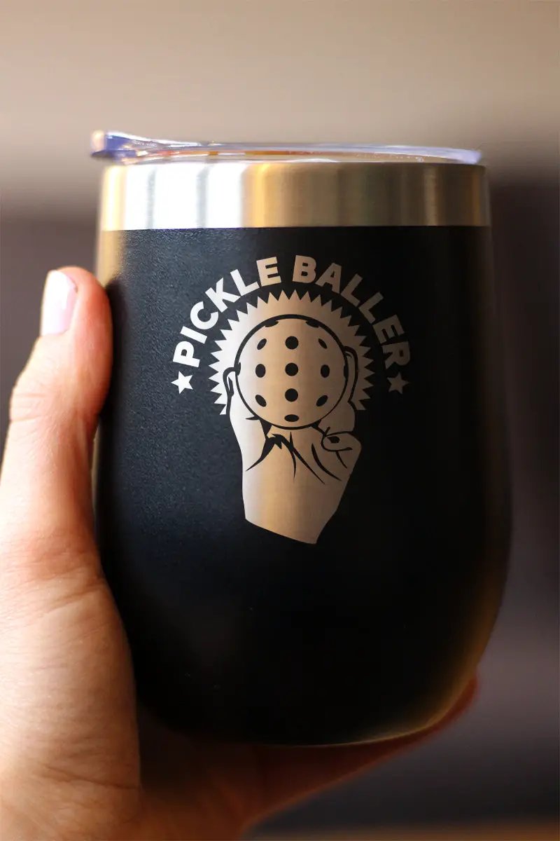 Pickleballer Wine Tumbler | 12 Oz Double Wall Stainless Steel | Sliding Lid | Fun Pickleball Gifts