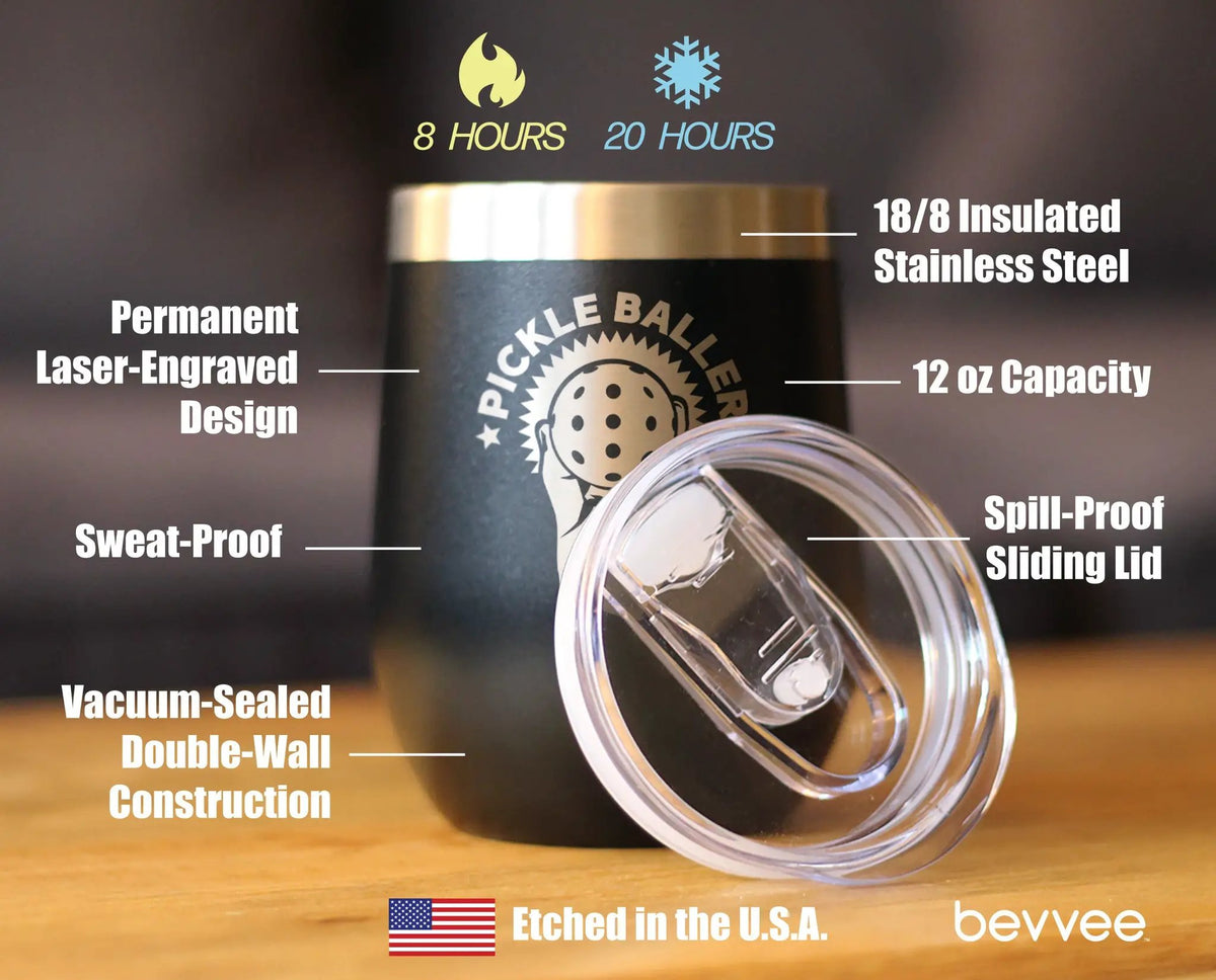 Pickleballer Wine Tumbler | 12 Oz Double Wall Stainless Steel | Sliding Lid | Fun Pickleball Gifts