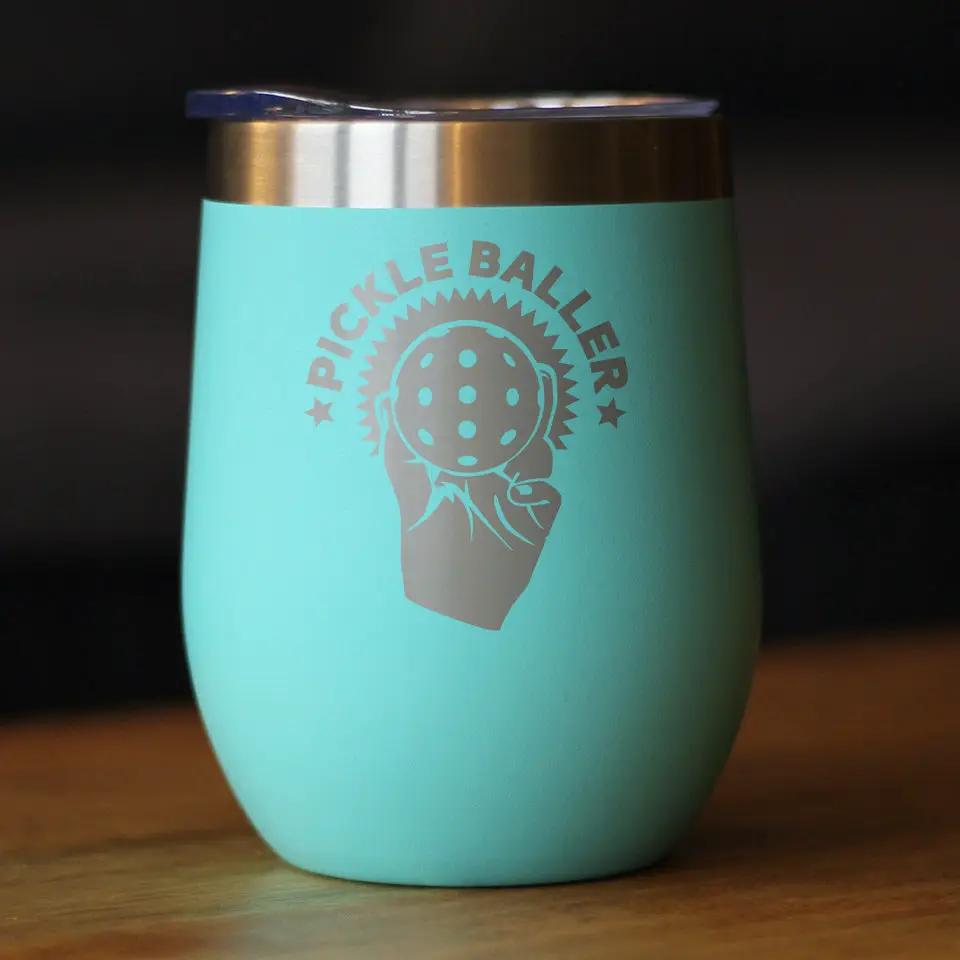 Pickleballer Wine Tumbler | 12 Oz Double Wall Stainless Steel | Sliding Lid | Fun Pickleball Gifts