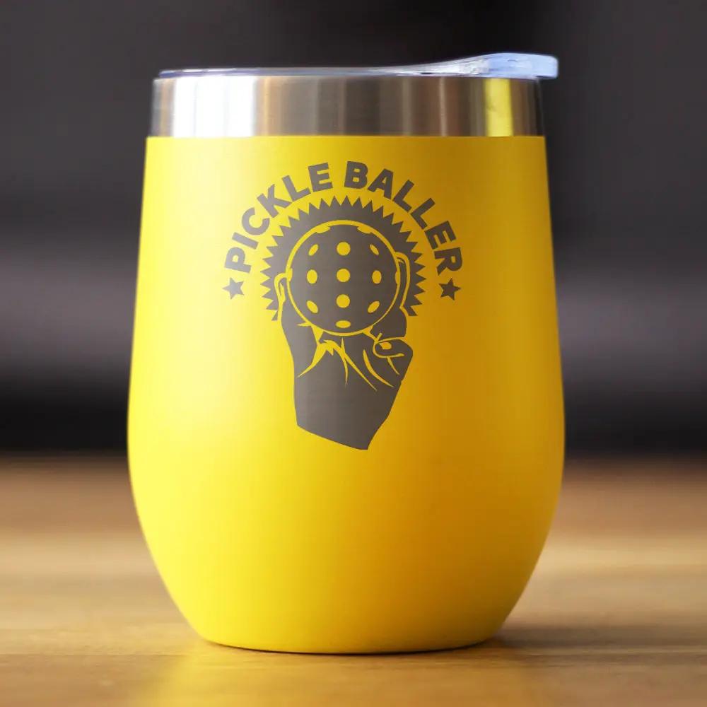 Pickleballer Wine Tumbler | 12 Oz Double Wall Stainless Steel | Sliding Lid | Fun Pickleball Gifts