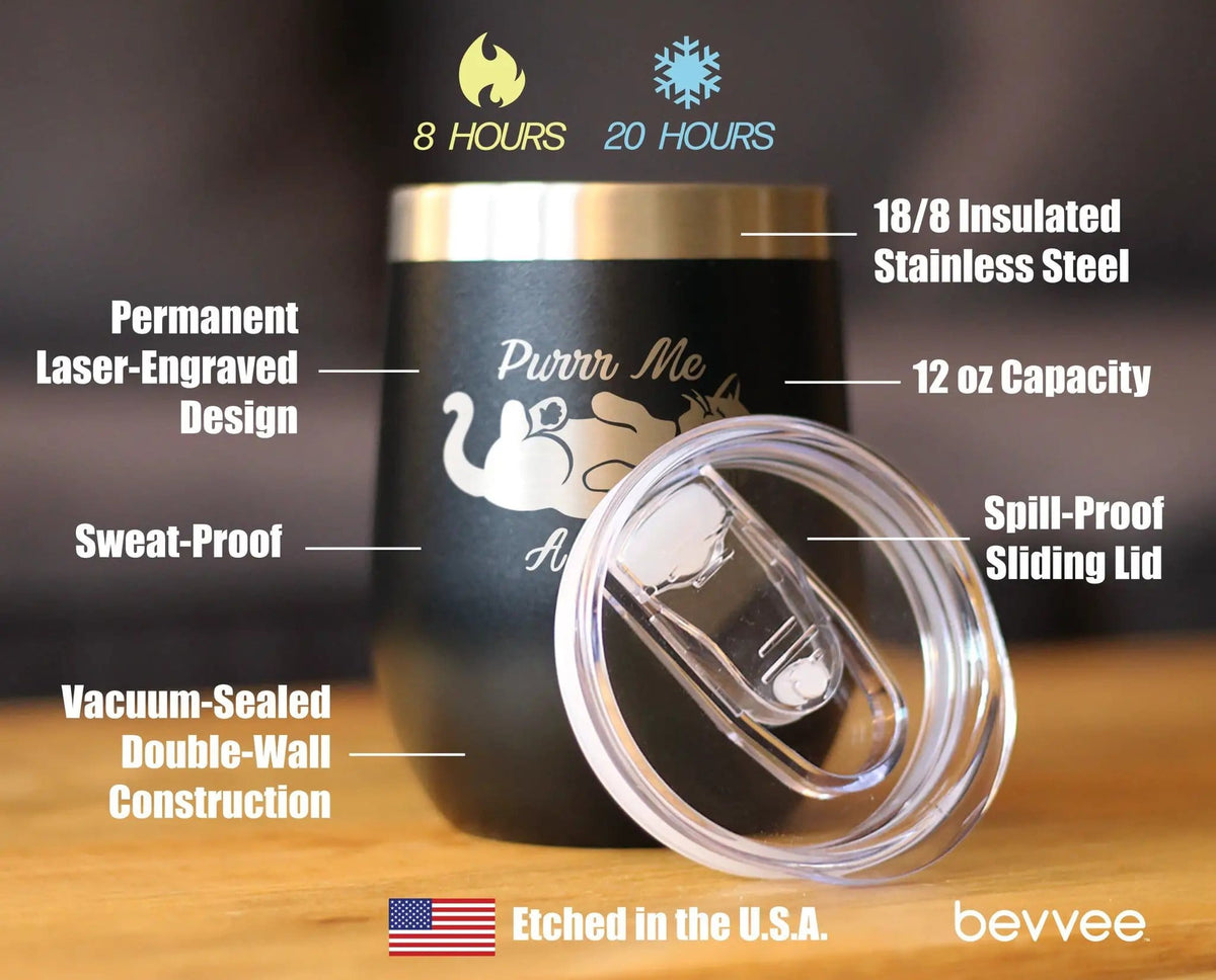 Insulated Stemless Wine Tumbler | 12 oz Stainless Steel | Sliding Lid | Purr Me A