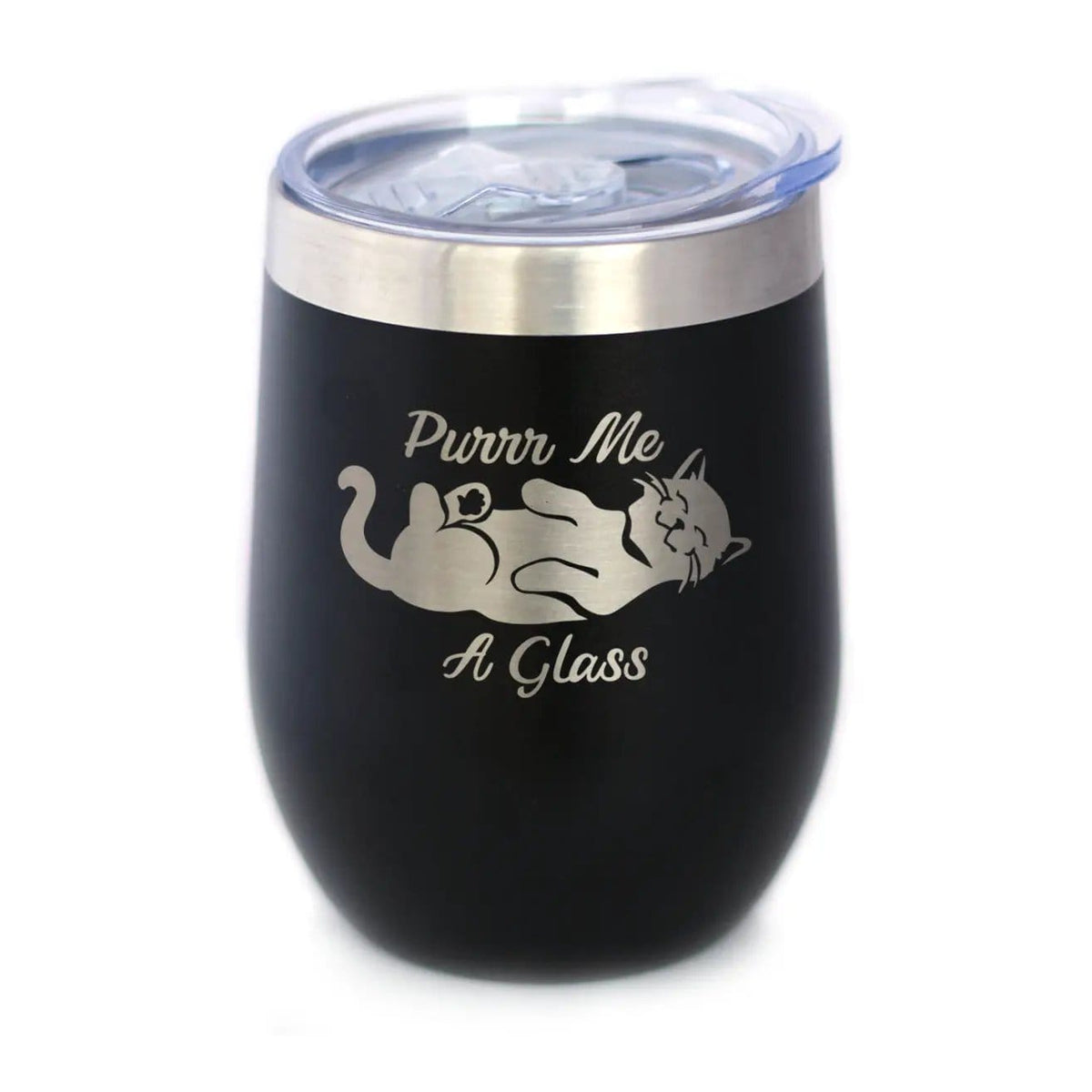Insulated Stemless Wine Tumbler | 12 oz Stainless Steel | Sliding Lid | Purr Me A