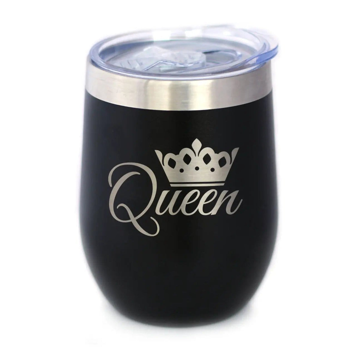Insulated Stemless Wine Tumbler | 12 oz Stainless Steel | Sliding Lid | Queen