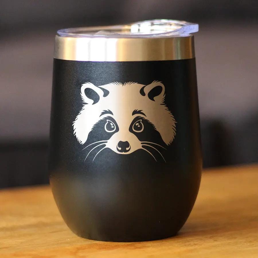 Insulated Stemless Wine Tumbler | 12 oz Stainless Steel | Sliding Lid | Raccoon Face