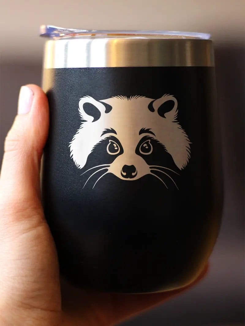 Insulated Stemless Wine Tumbler | 12 oz Stainless Steel | Sliding Lid | Raccoon Face