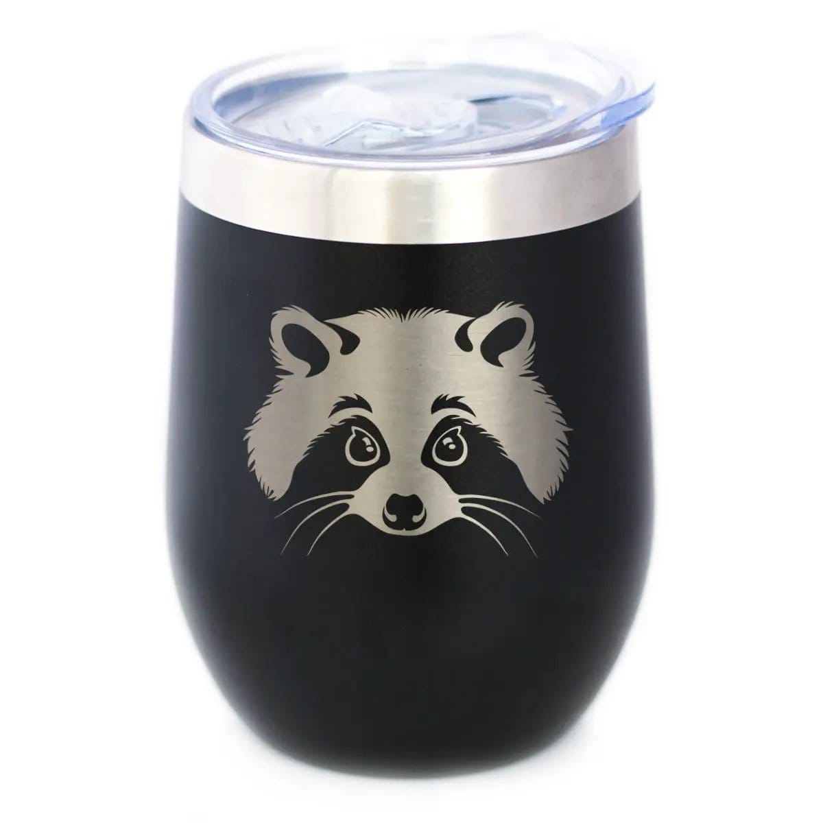 Insulated Stemless Wine Tumbler | 12 oz Stainless Steel | Sliding Lid | Raccoon Face