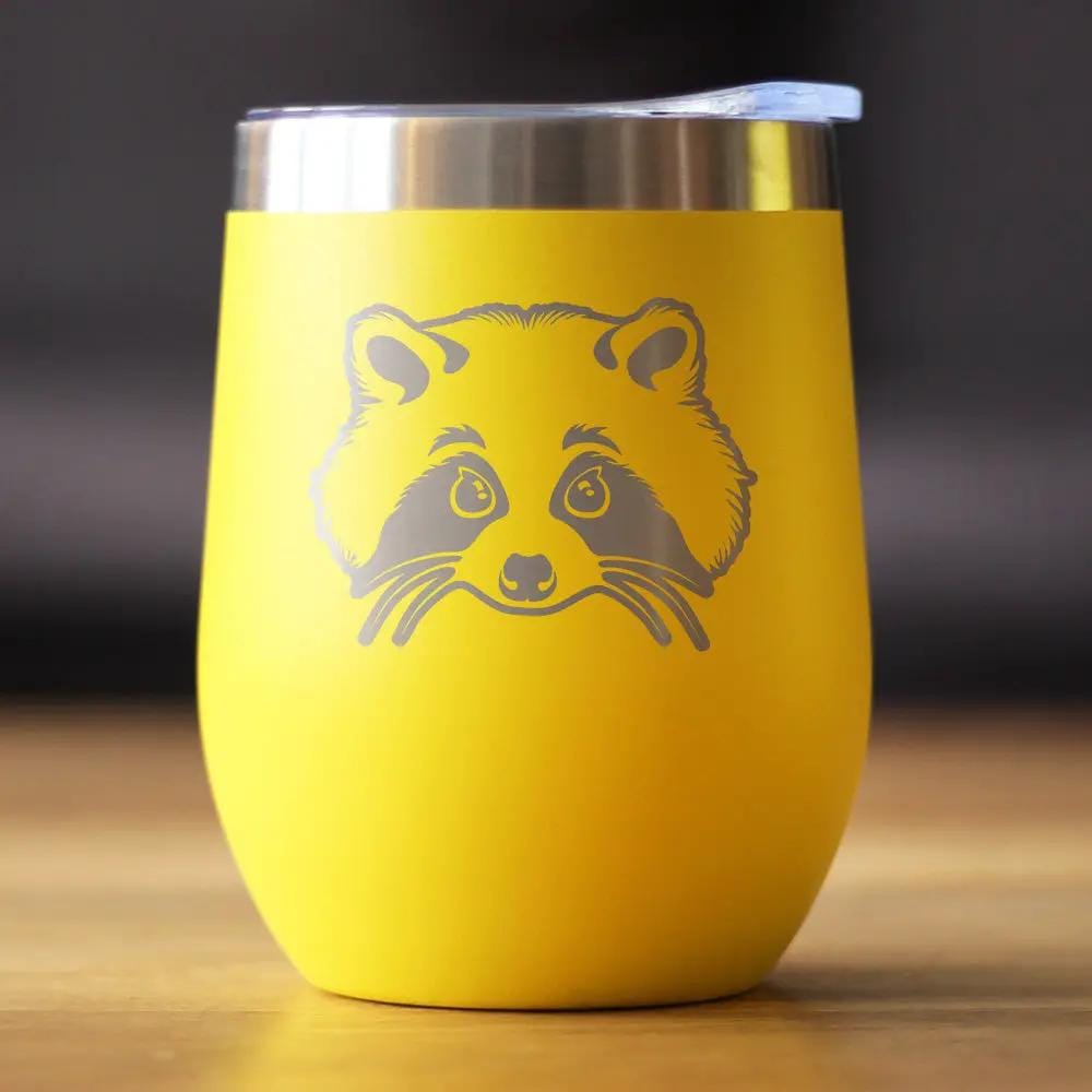 Insulated Stemless Wine Tumbler | 12 oz Stainless Steel | Sliding Lid | Raccoon Face