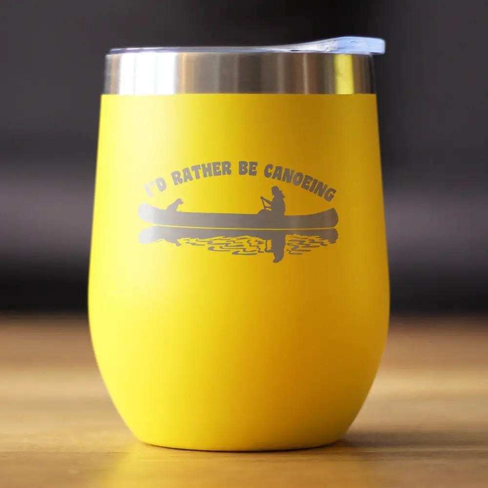 Insulated Stemless Wine Tumbler | 12 oz Stainless Steel | Sliding Lid | Rather Be Canoeing