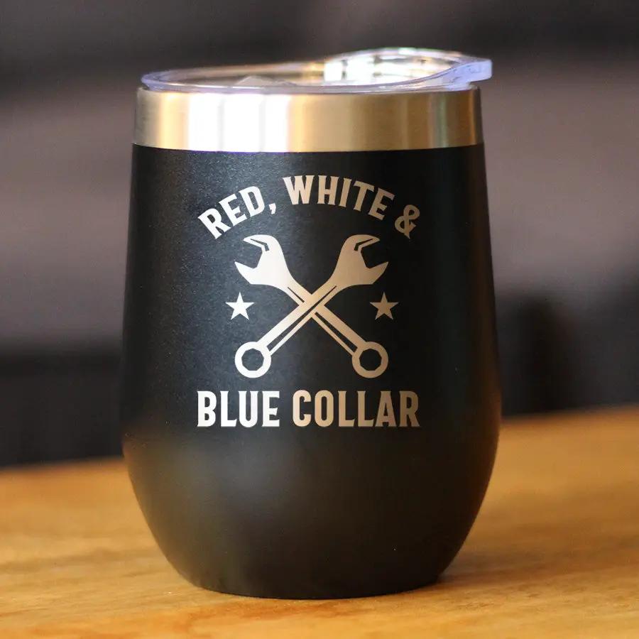 Red White & Blue Collar Wine Tumbler | 12 Oz Double Wall Stainless Steel | Sliding Lid | Gifts For Tradesmen, Manual Labor