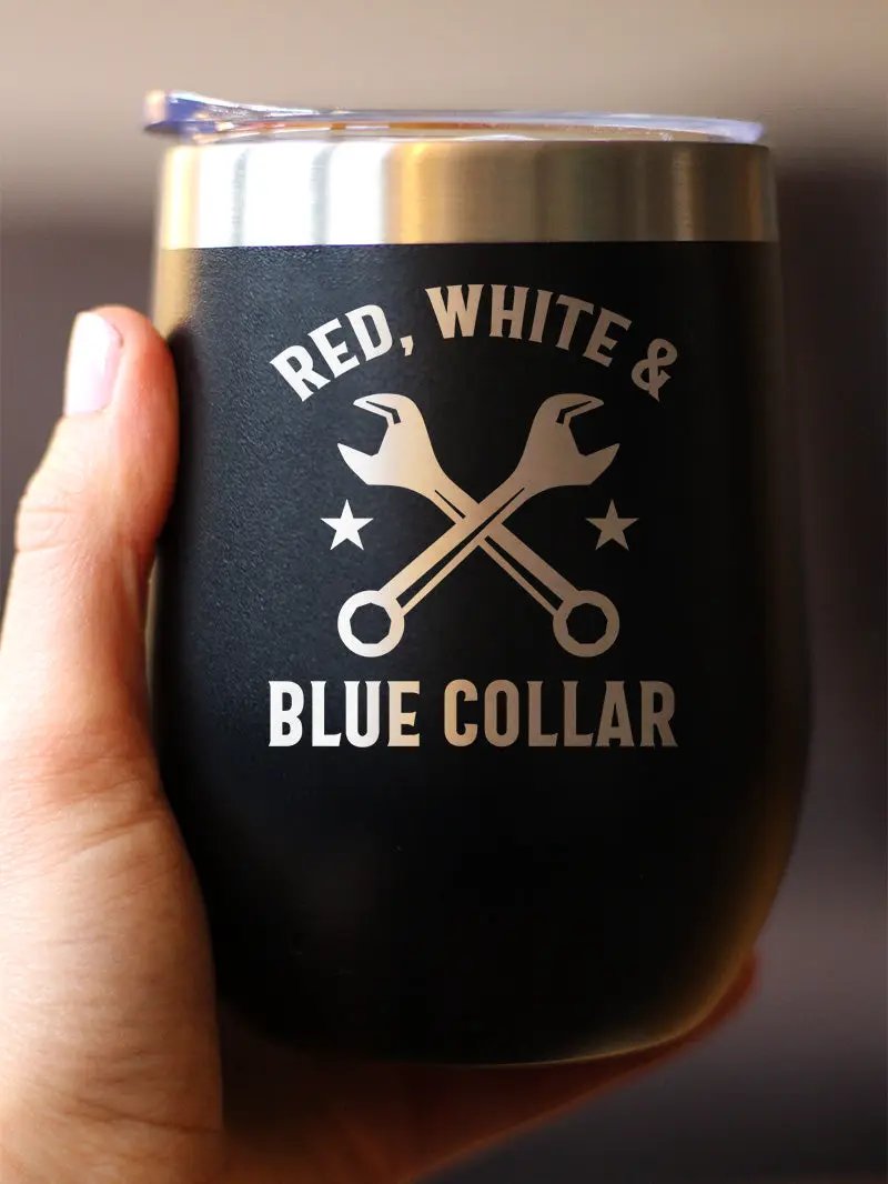Red White & Blue Collar Wine Tumbler | 12 Oz Double Wall Stainless Steel | Sliding Lid | Gifts For Tradesmen, Manual Labor
