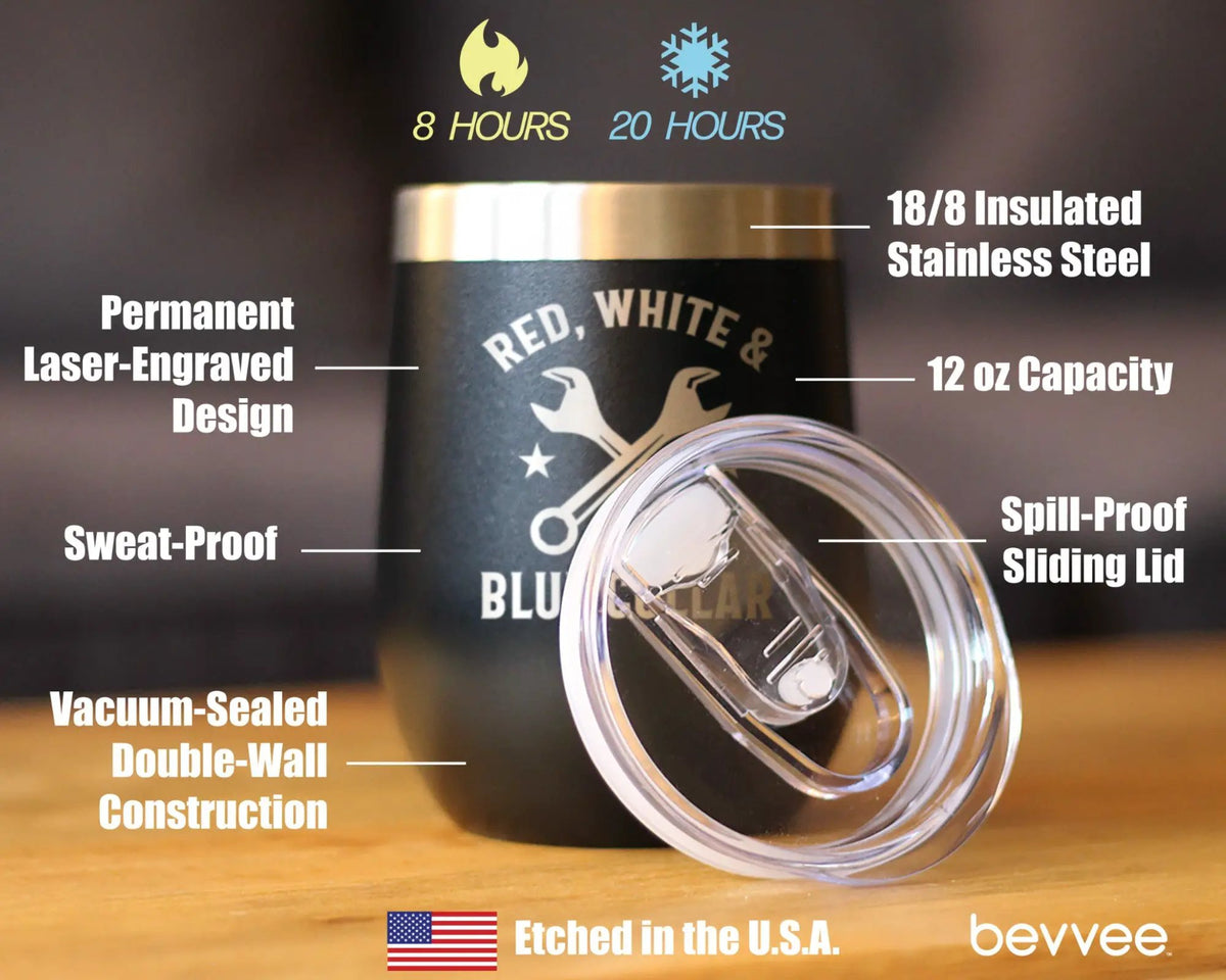 Red White & Blue Collar Wine Tumbler | 12 Oz Double Wall Stainless Steel | Sliding Lid | Gifts For Tradesmen, Manual Labor