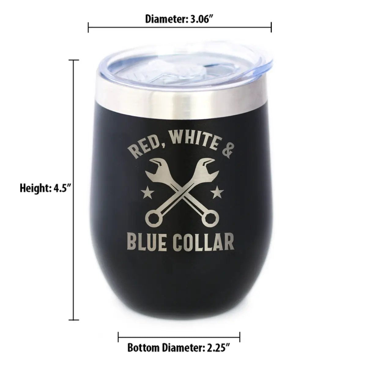 Red White & Blue Collar Wine Tumbler | 12 Oz Double Wall Stainless Steel | Sliding Lid | Gifts For Tradesmen, Manual Labor
