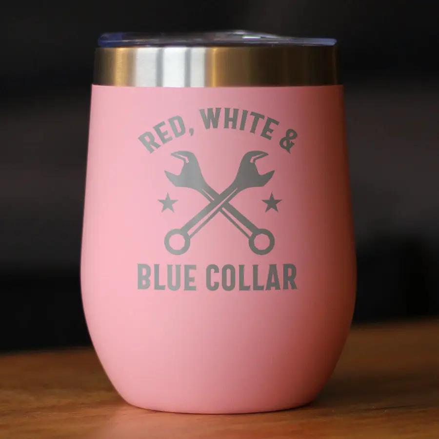 Red White & Blue Collar Wine Tumbler | 12 Oz Double Wall Stainless Steel | Sliding Lid | Gifts For Tradesmen, Manual Labor