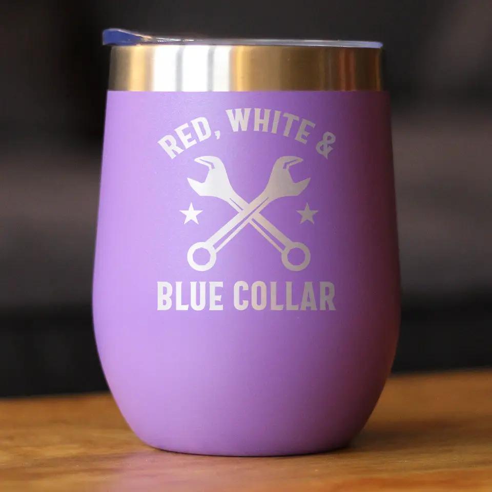 Red White & Blue Collar Wine Tumbler | 12 Oz Double Wall Stainless Steel | Sliding Lid | Gifts For Tradesmen, Manual Labor