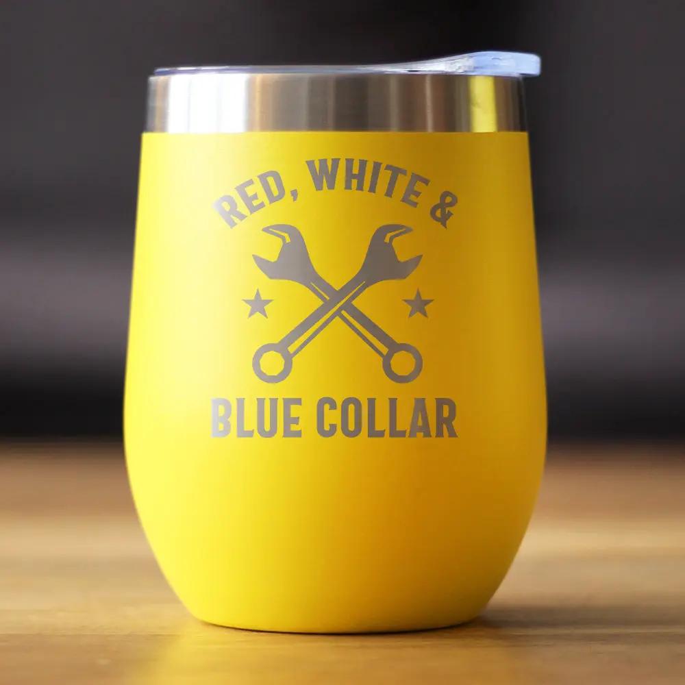 Red White & Blue Collar Wine Tumbler | 12 Oz Double Wall Stainless Steel | Sliding Lid | Gifts For Tradesmen, Manual Labor