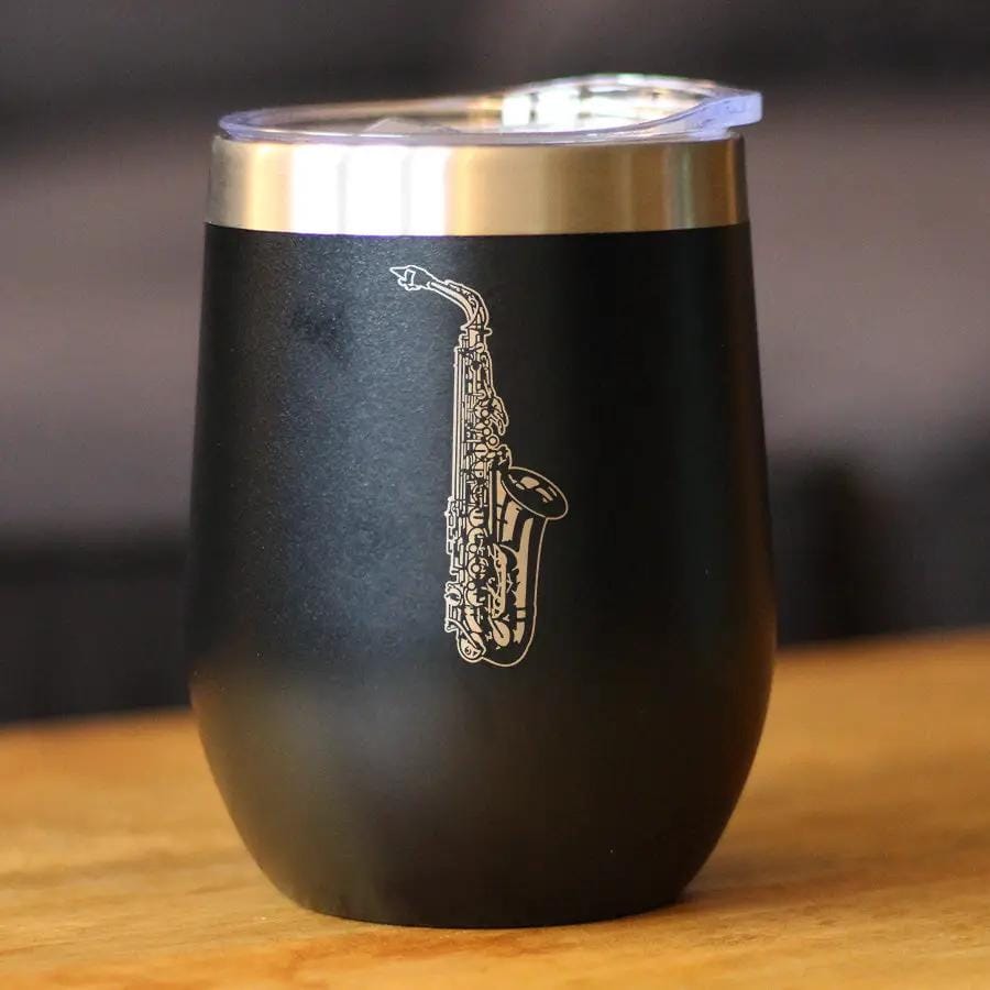 Insulated Coffee Tumbler | 12 oz Stainless Steel | Sliding Lid | Saxophone (Style 2)