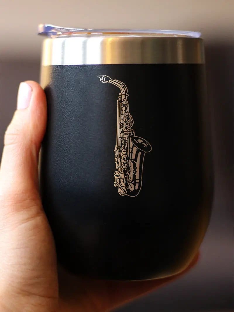 Insulated Coffee Tumbler | 12 oz Stainless Steel | Sliding Lid | Saxophone (Style 2)