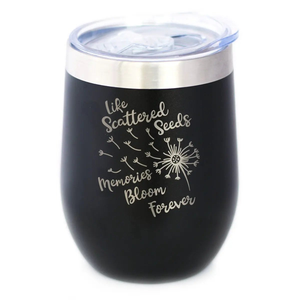 Memories Bloom Forever Dandelion Wine Tumbler | 12 Oz Double Wall Stainless Steel | Sliding Lid | Bereavement Memorial Gifts